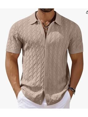 Men's Knit Short Sleeve Shirt Button Down Crochet Cable 3XL